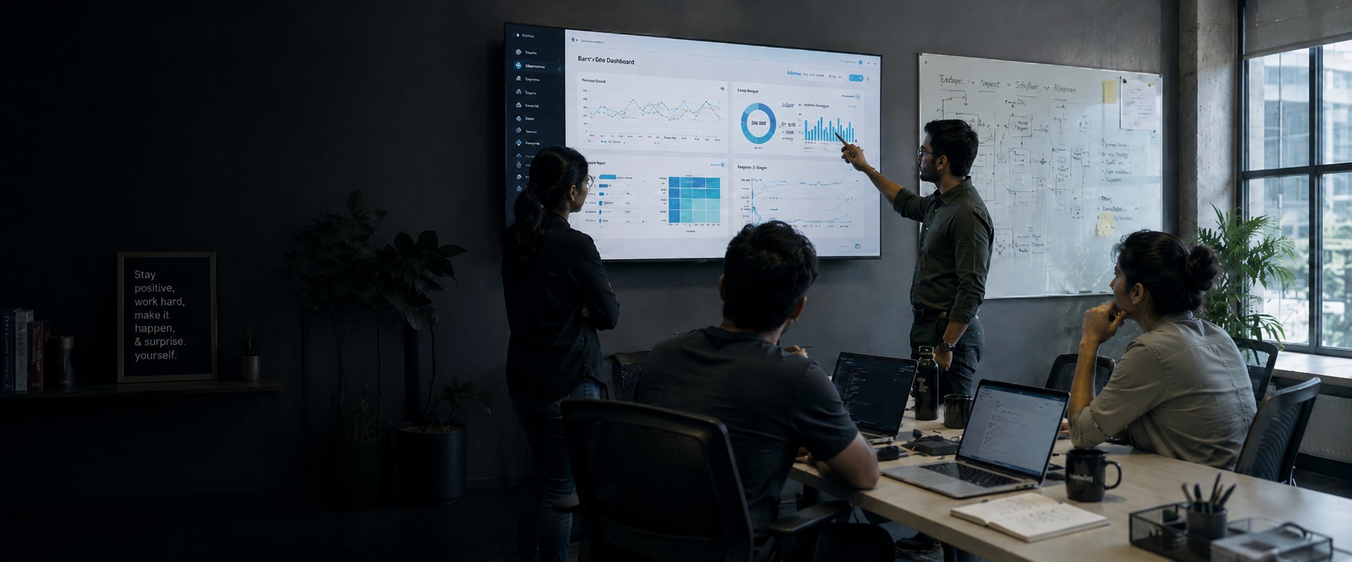 Five of the Woodfrog team reviewing a dashboard on a wall screen, an architecture sketch on the whiteboard beside it