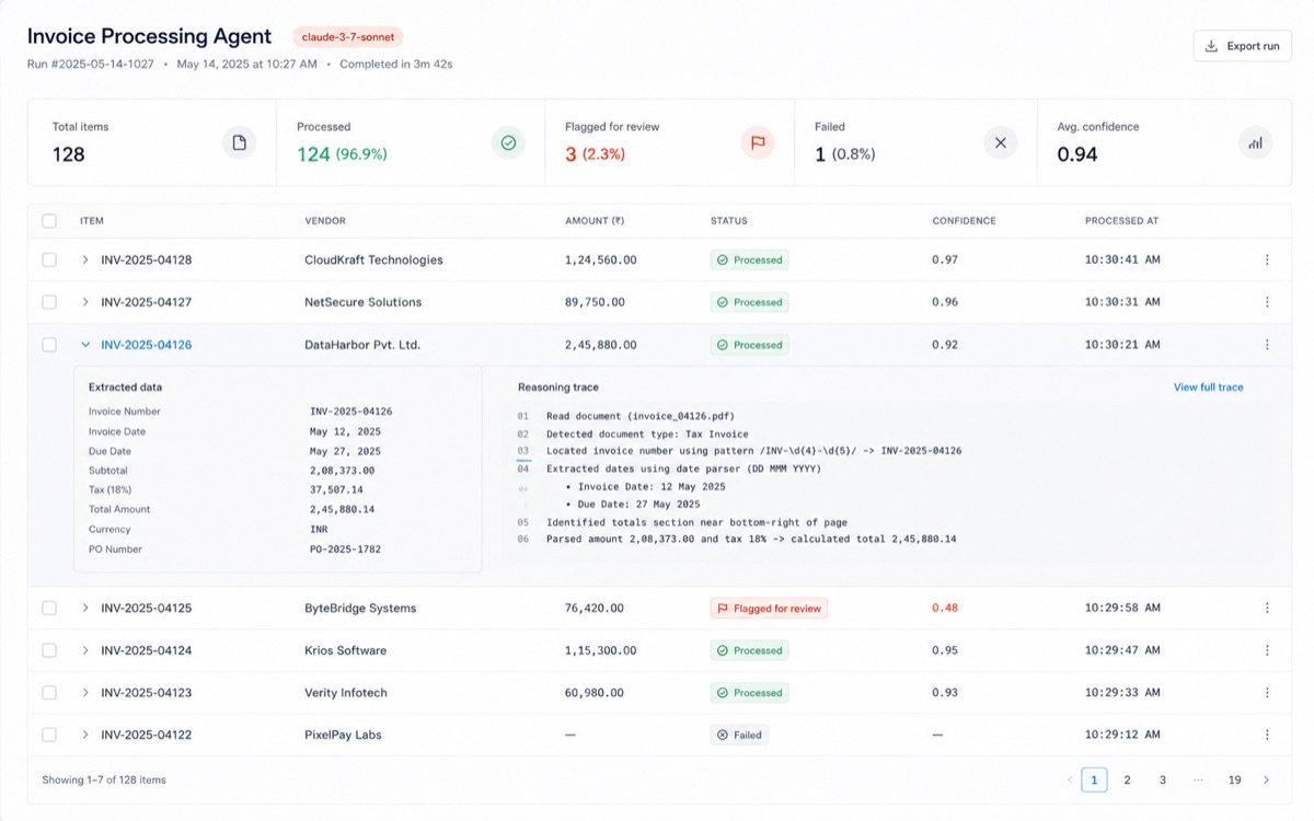 Invoice processing agent run with confidence scores